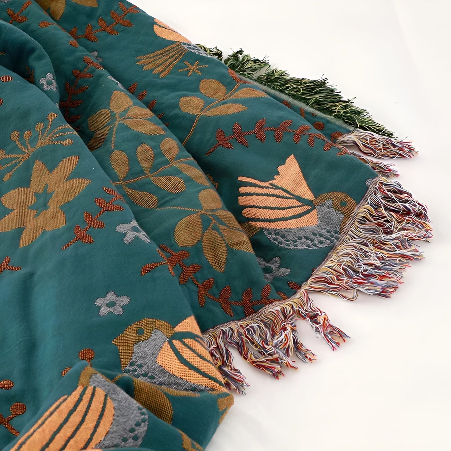 Vändbar bomullspläd med broderade fåglar och blommor - Boho-stil