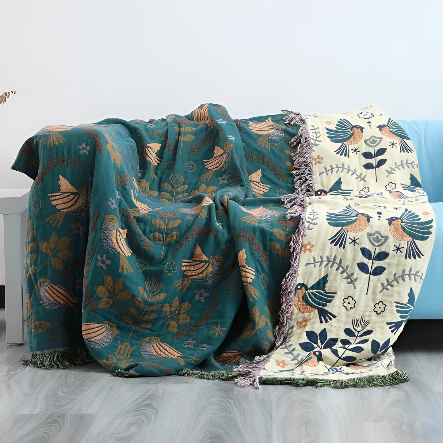 Vändbar bomullspläd med broderade fåglar och blommor - Boho-stil
