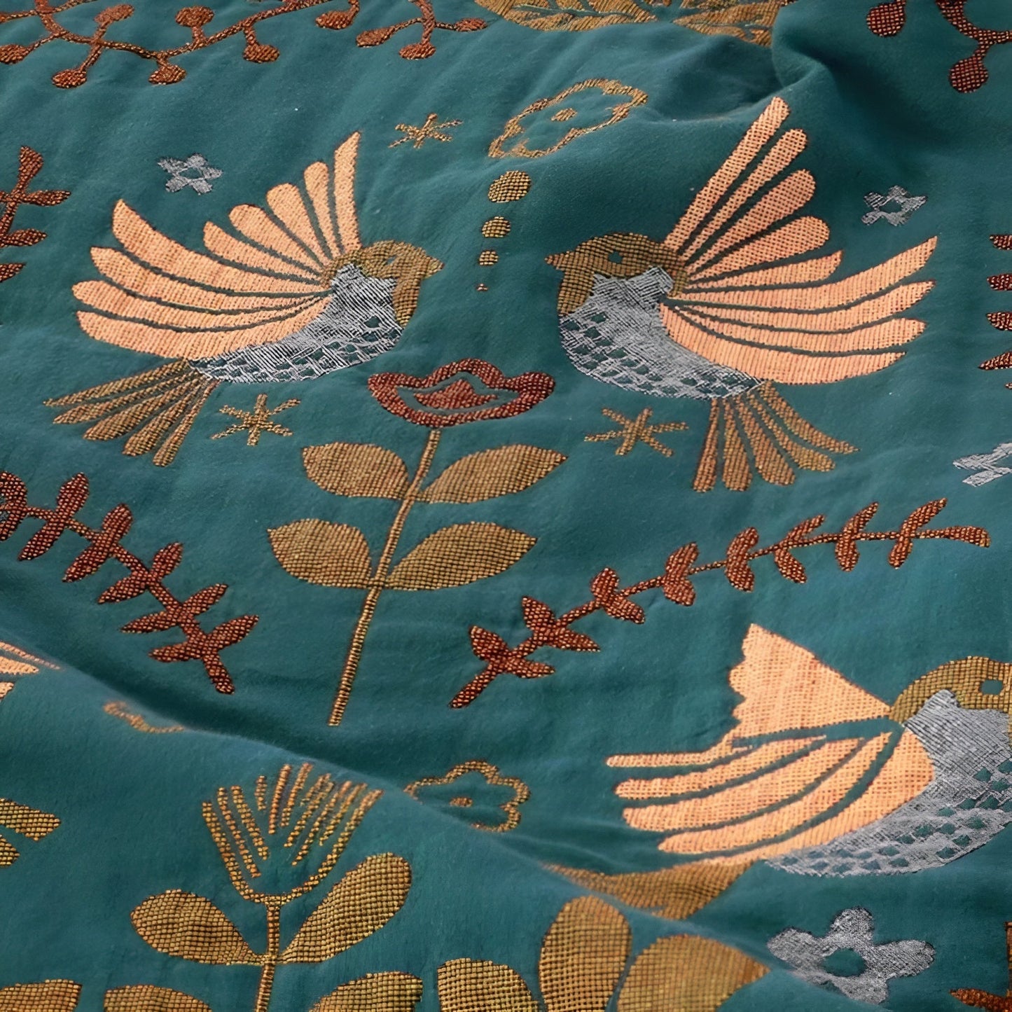 Vändbar bomullspläd med broderade fåglar och blommor - Boho-stil