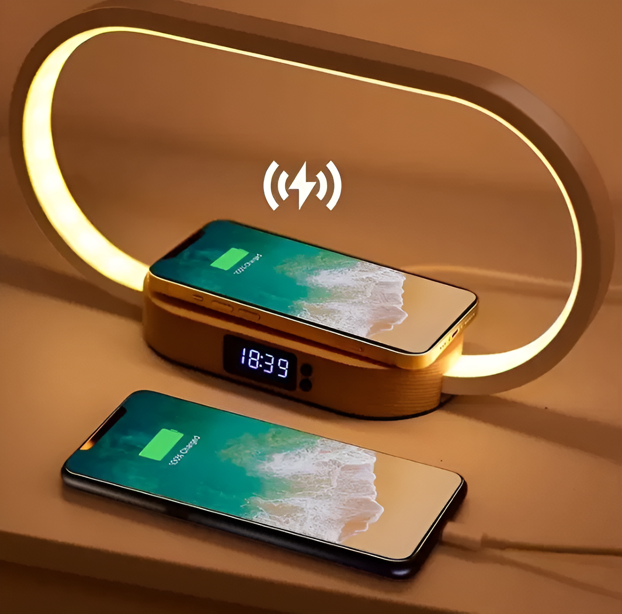 Elegant nattlampa med snabb laddning och digital klocka