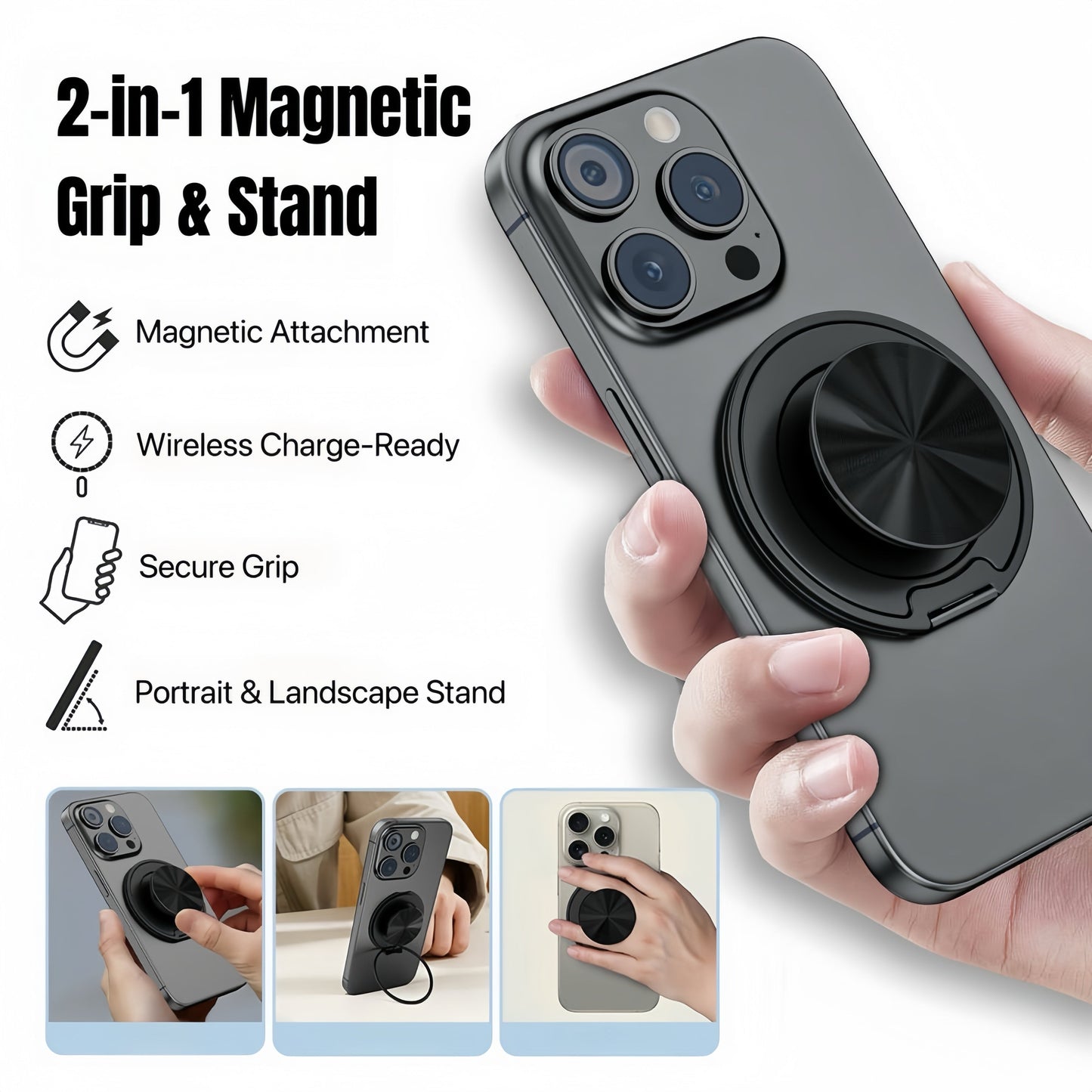 Magnetisk telefonstand med grip og spejl til nem håndtering