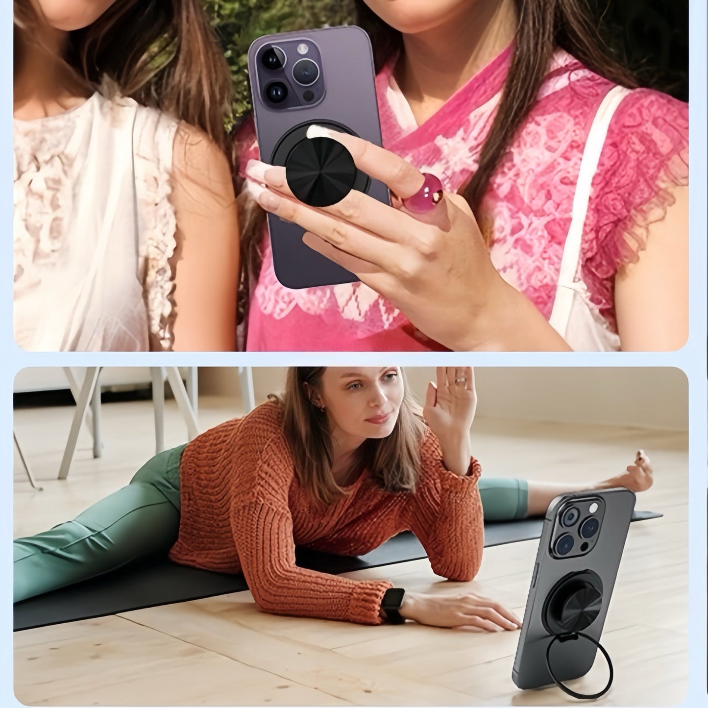 Magnetisk telefonstand med grip og spejl til nem håndtering
