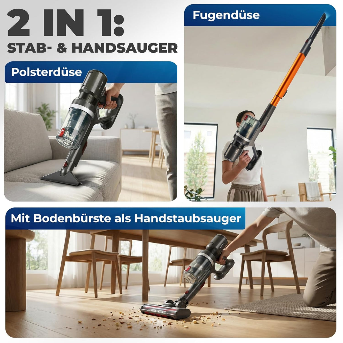 Sladdlös 2-i-1 dammsugare 460 Watt med upp till 60 minuters drifttid