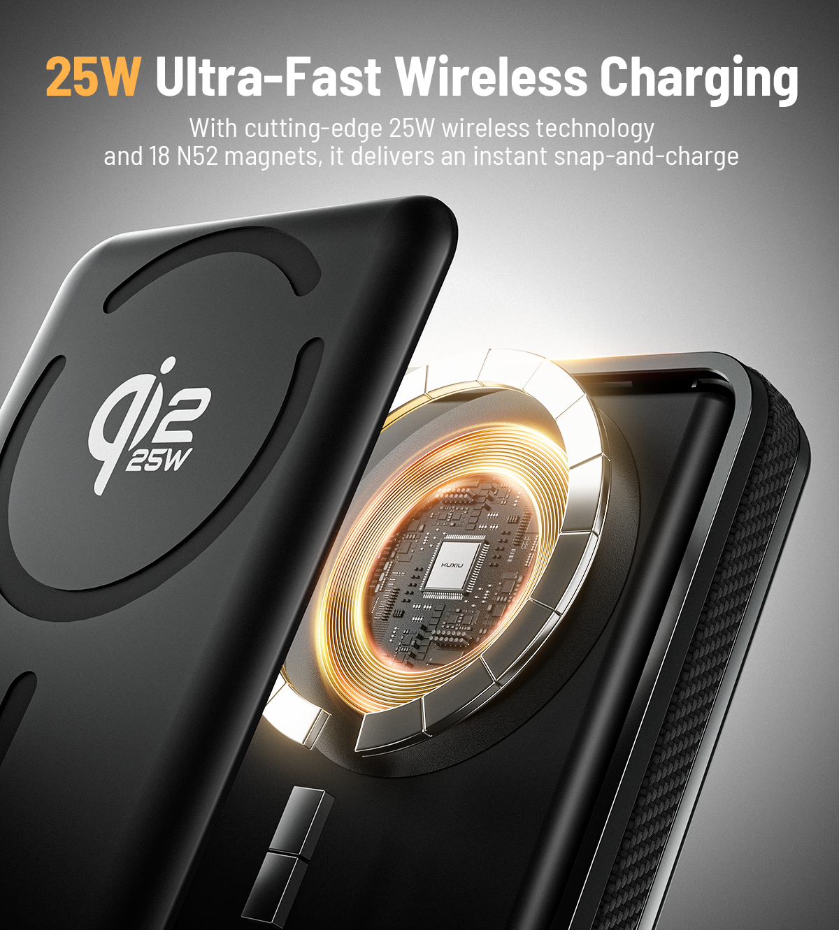 10.000 mAh Powerbank med magnetisk hurtigopladning 25 W og indbygget kabel