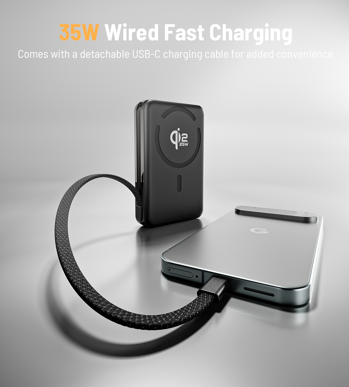 10.000 mAh Powerbank med magnetisk hurtigopladning 25 W og indbygget kabel