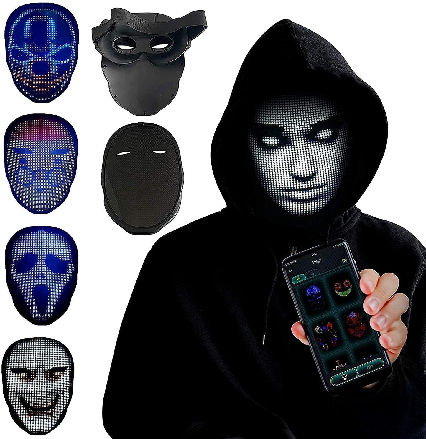Uppladdningsbar LED-mask med digital ansiktsförändring för fest