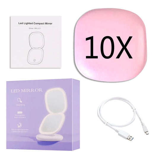 Kompakt LED Makeup Spejl med Dobbelt Forstørrelse og Lys