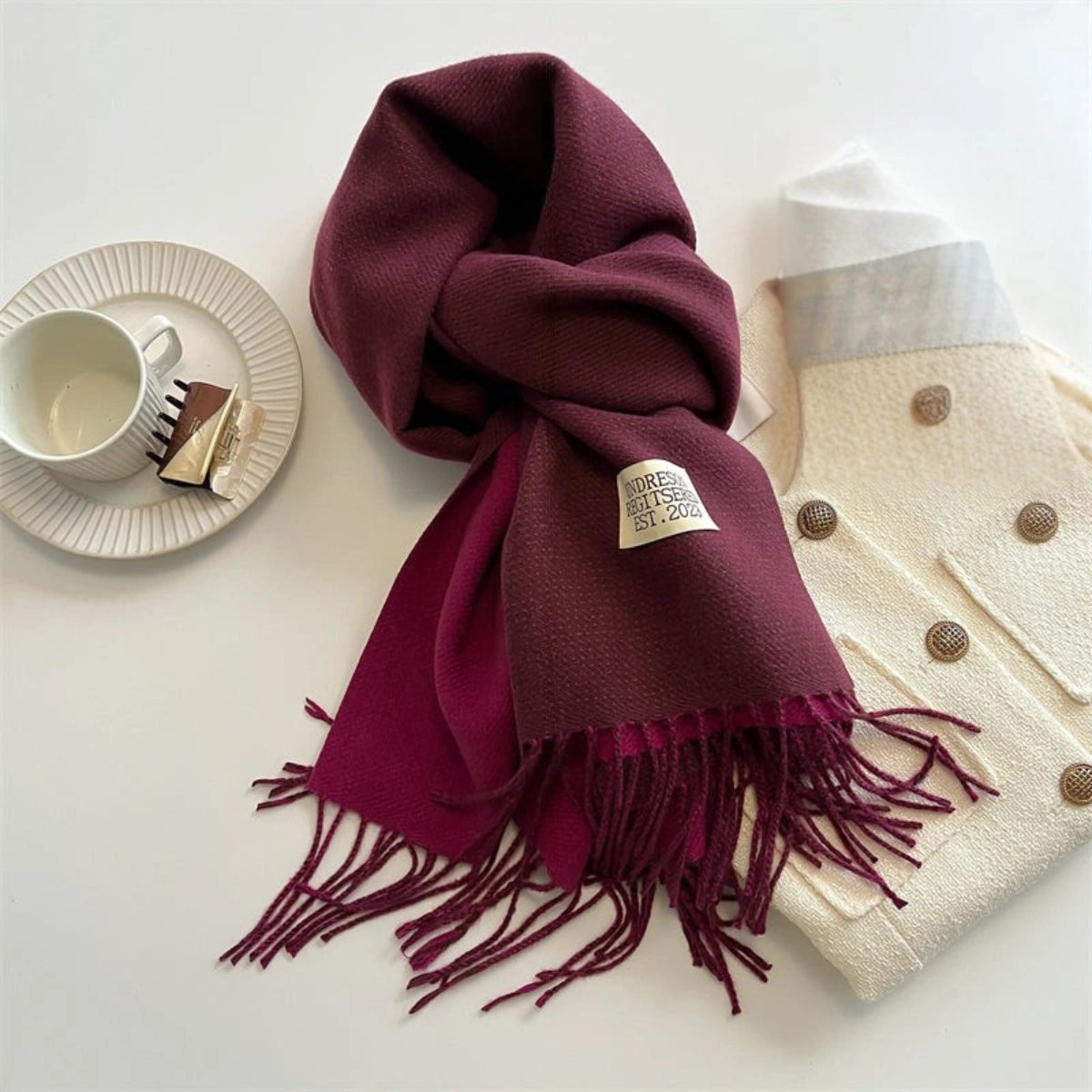Elegant Pashmina Tørklæde med Dobbelt Design & Kvaster