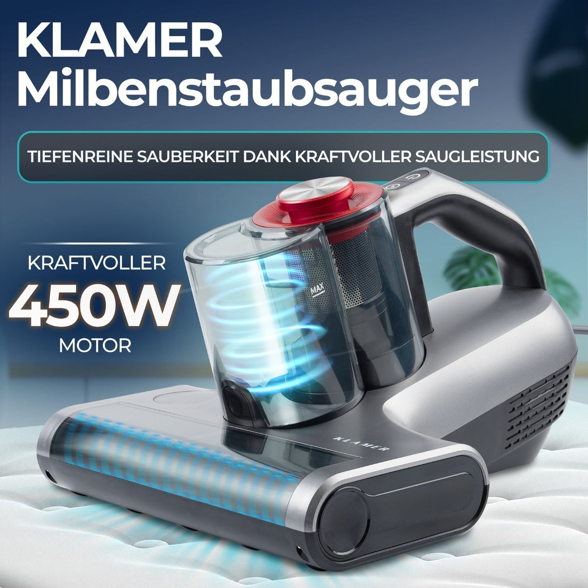 Handdammsugare 450 Watt med 18 000 Pa, UV-funktion och HEPA-filter