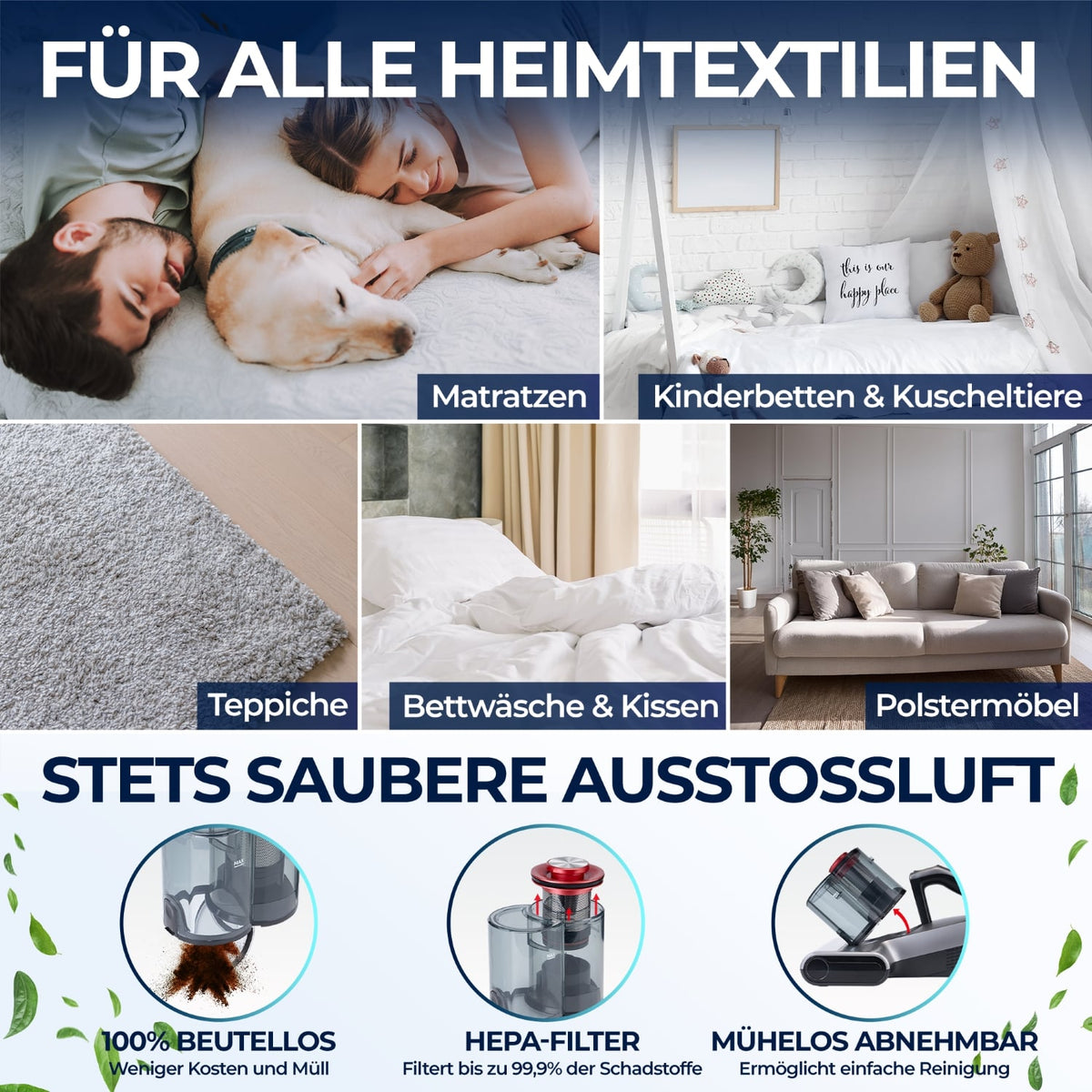 Handdammsugare 450 Watt med 18 000 Pa, UV-funktion och HEPA-filter