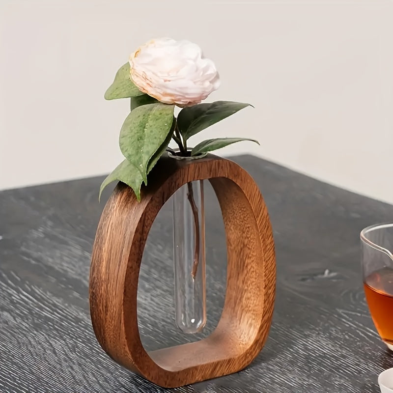 Elegant minivas i valnötsträ med glasinsats för växter