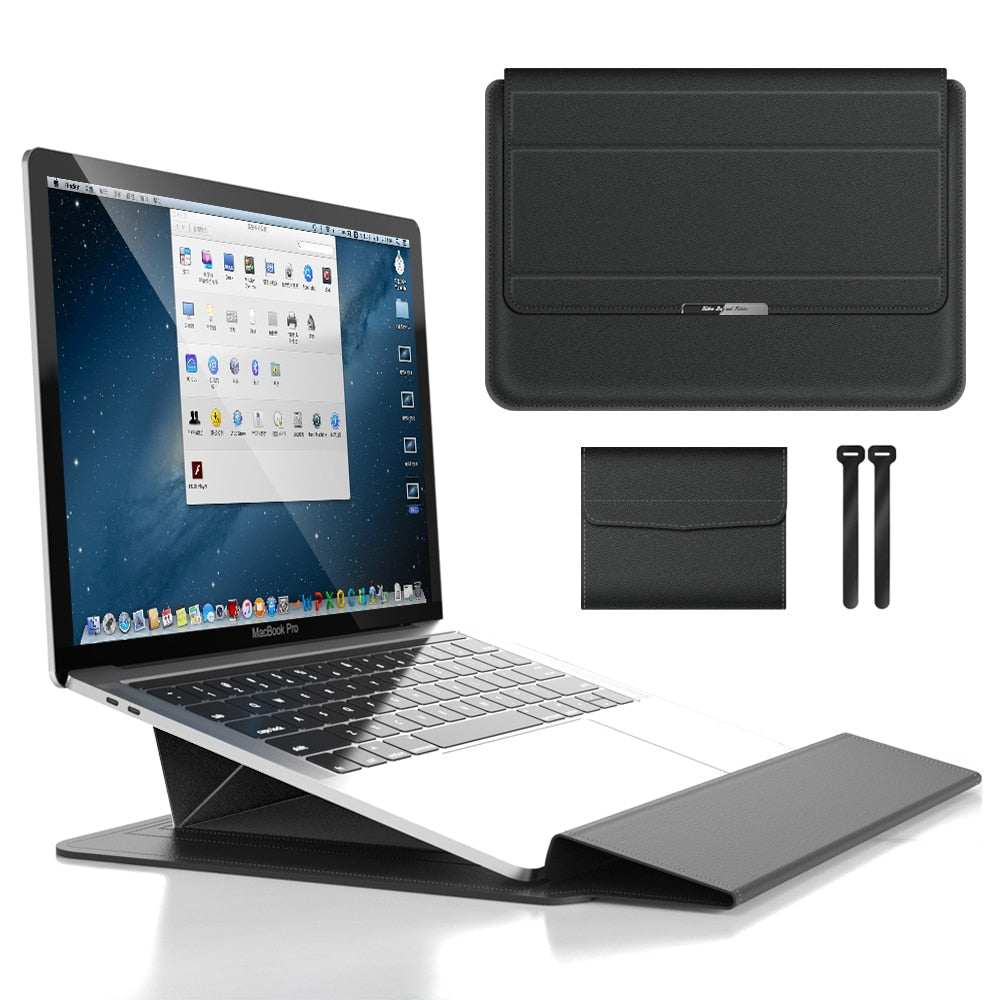 Laptop Sleeve med Foldbar Stand og PU Læder - Slank og Praktisk