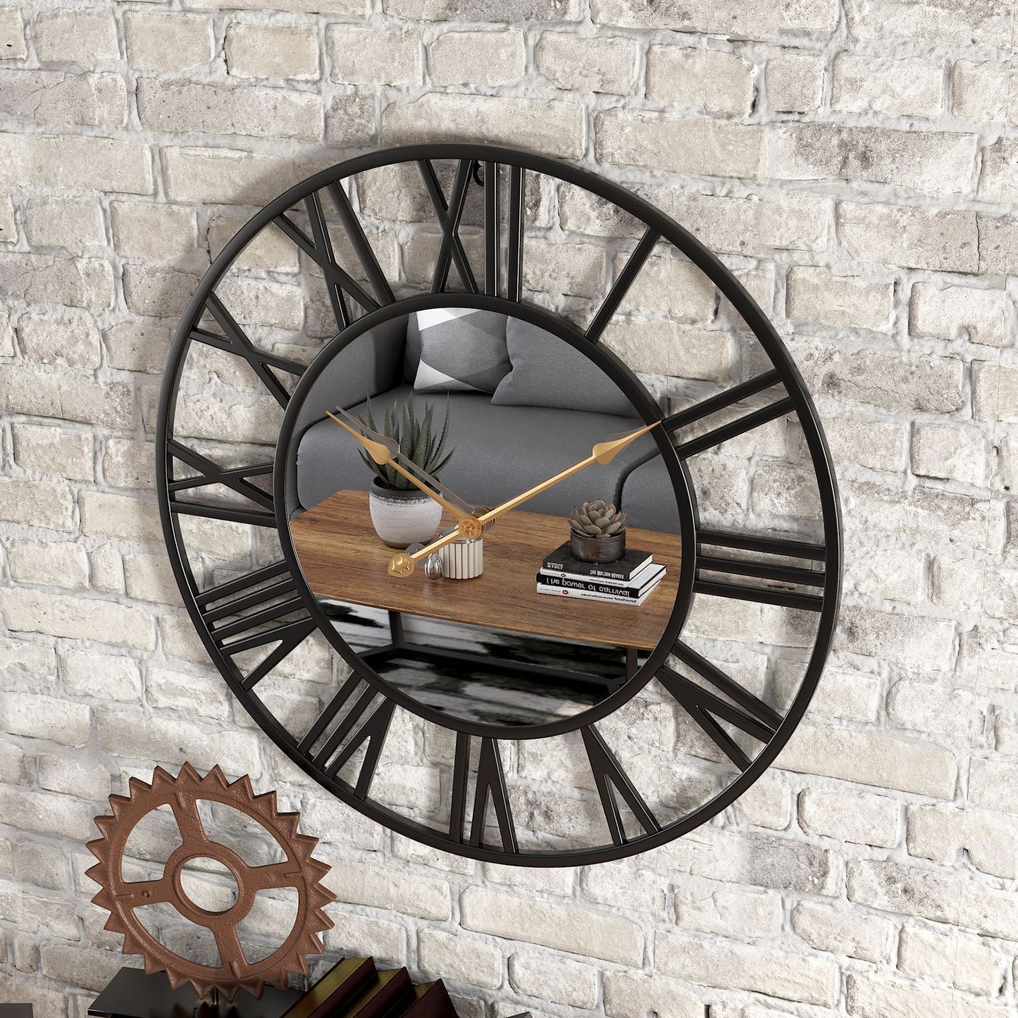 Stort Vintage Vægur i Metal med Spejl 39cm