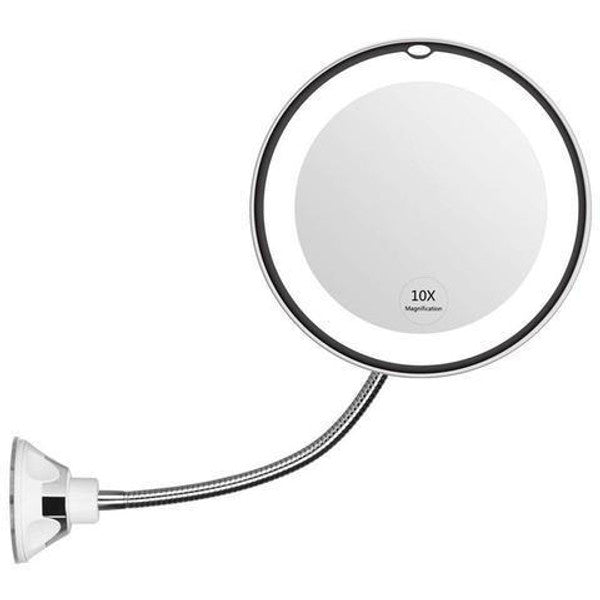 Bærbart 10X LED-makeup-spejl med sugekop og justerbar arm
