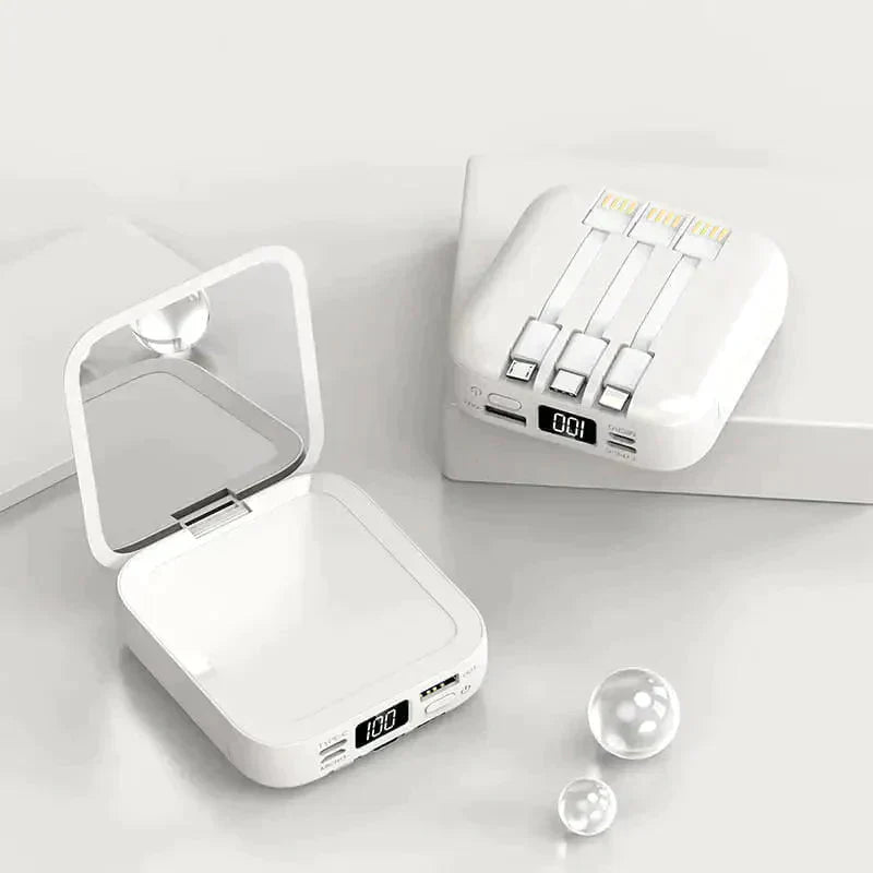 Elegant Power Bank med Spejl | Høj Kapacitet, LED Skærm, Hurtig USB-C Opladning