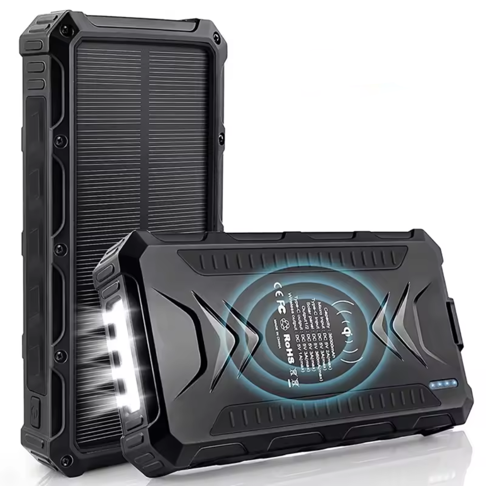 Soldriven powerbank 36000mAh med ficklampa och snabbladdning