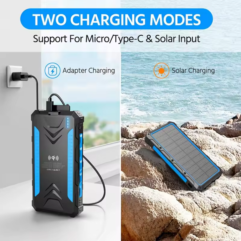 Soldriven powerbank 36000mAh med ficklampa och snabbladdning