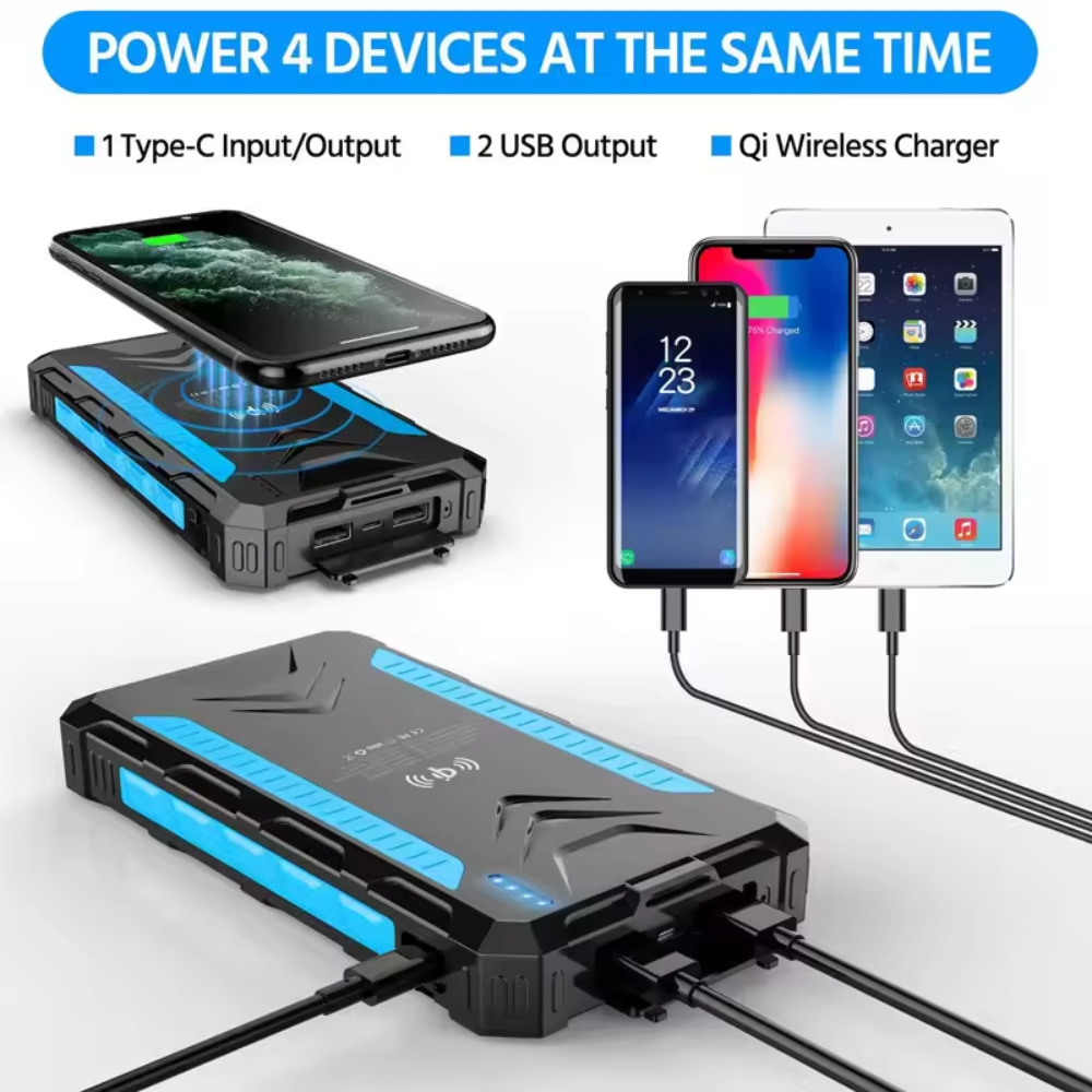 Soldriven powerbank 36000mAh med ficklampa och snabbladdning