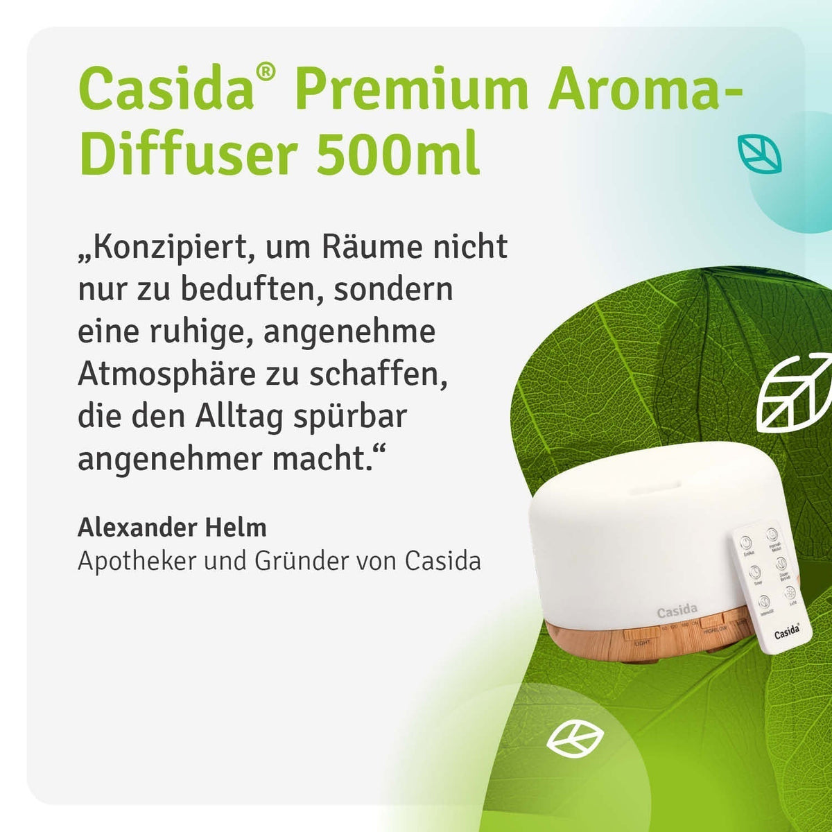 Ultraschall Duftspreder med 500 ml og LED samt fjernbetjening