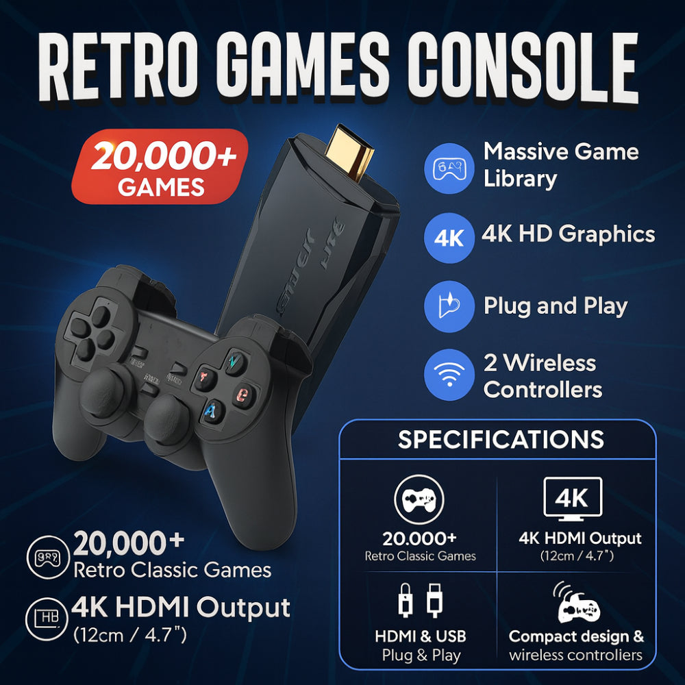 4K Retro Spilkonsol med Trådløse Controllere - Plug & Play