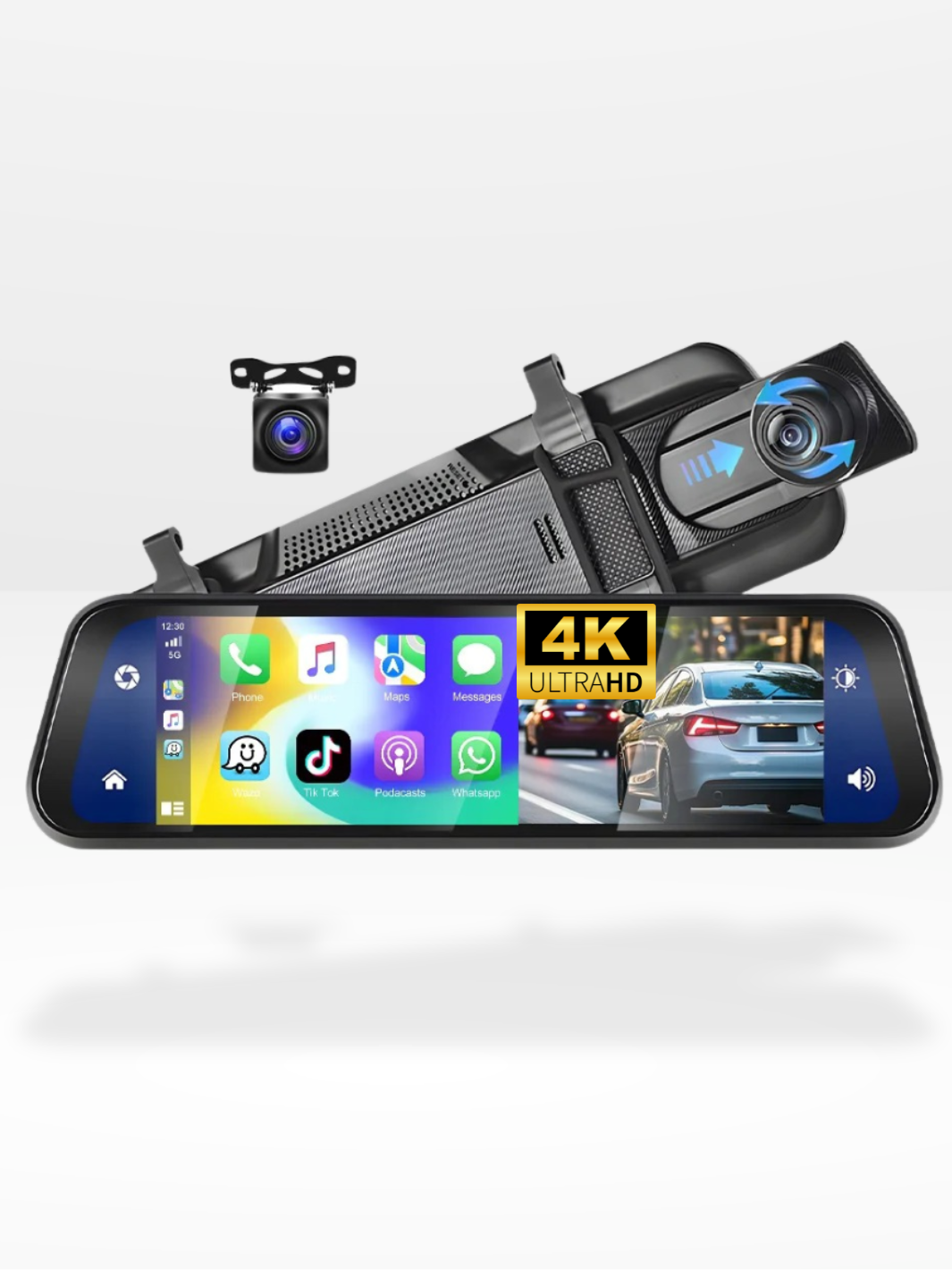 4K Spejlkamera med CarPlay og Optagelse til Sikker Kørsel