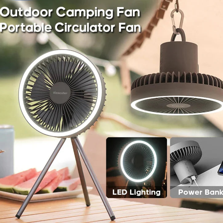 Genopladelig Campingventilator med LED & Powerbank