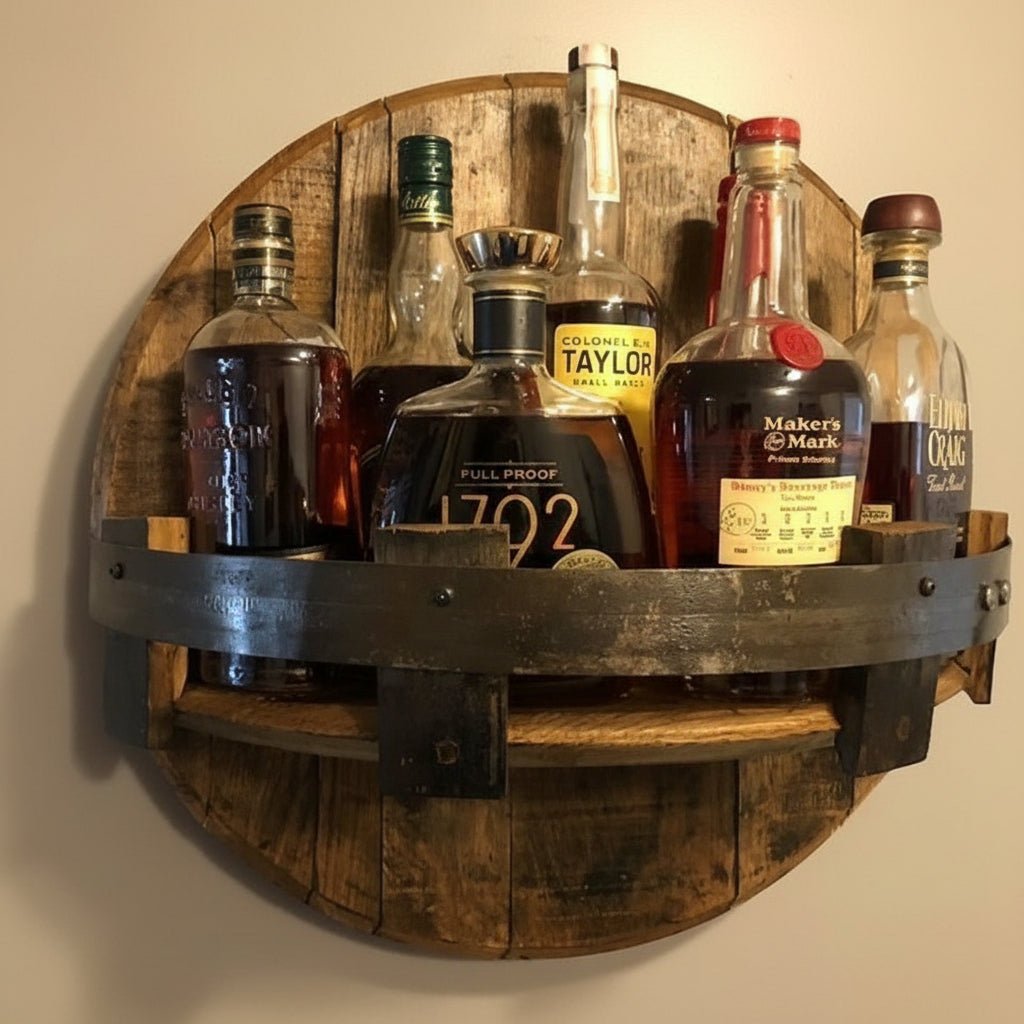 Rustik væghylde til whisky - ægte bourbon-tønde træ