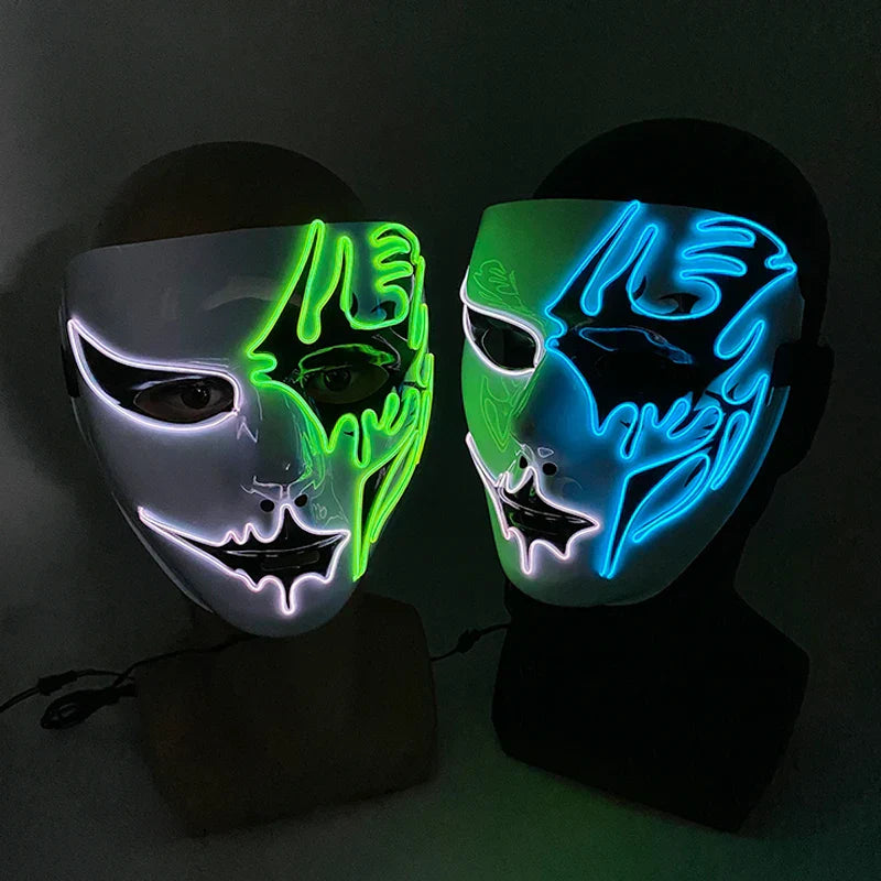 Neon LED Ansiktsmask, handmålad, full täckning med blinkande lägen, PVC + EL
