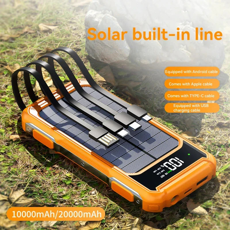 Soldriven Powerbank med 20 000mAh Kapacitet | 4-i-1 Kabel | Nödbelysning