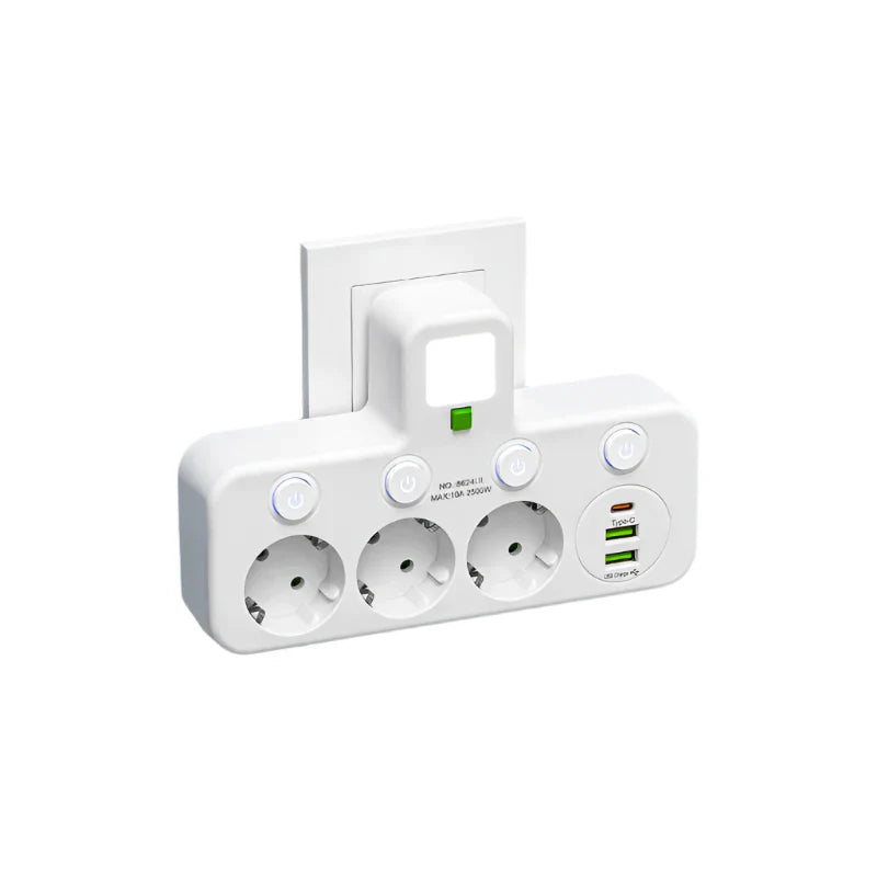 Strömskena med 3-4 uttag + 2× USB och 1× Type-C | 2500 W | Överströmsskydd och kontrollbrytare