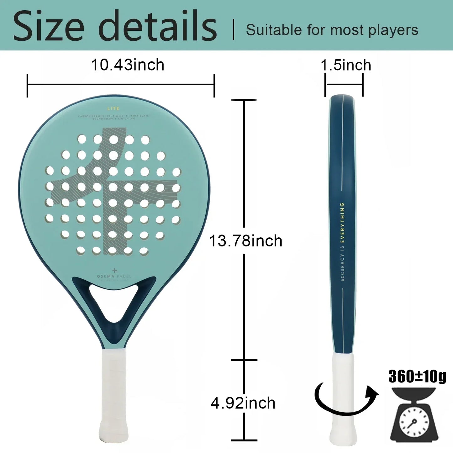 Lättvikts padelracket i kolfiber, matt finish, för nybörjare och proffs
