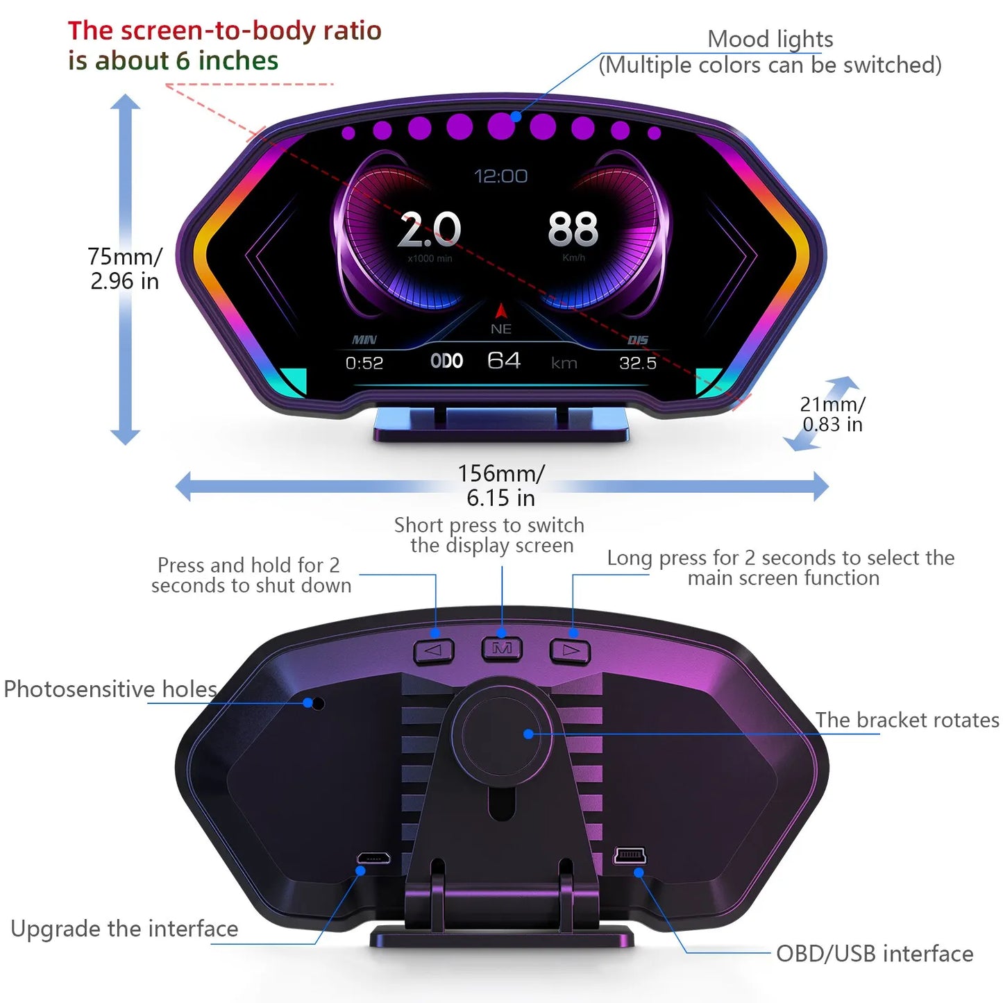 Digital bil Head-Up krystal display speedometer