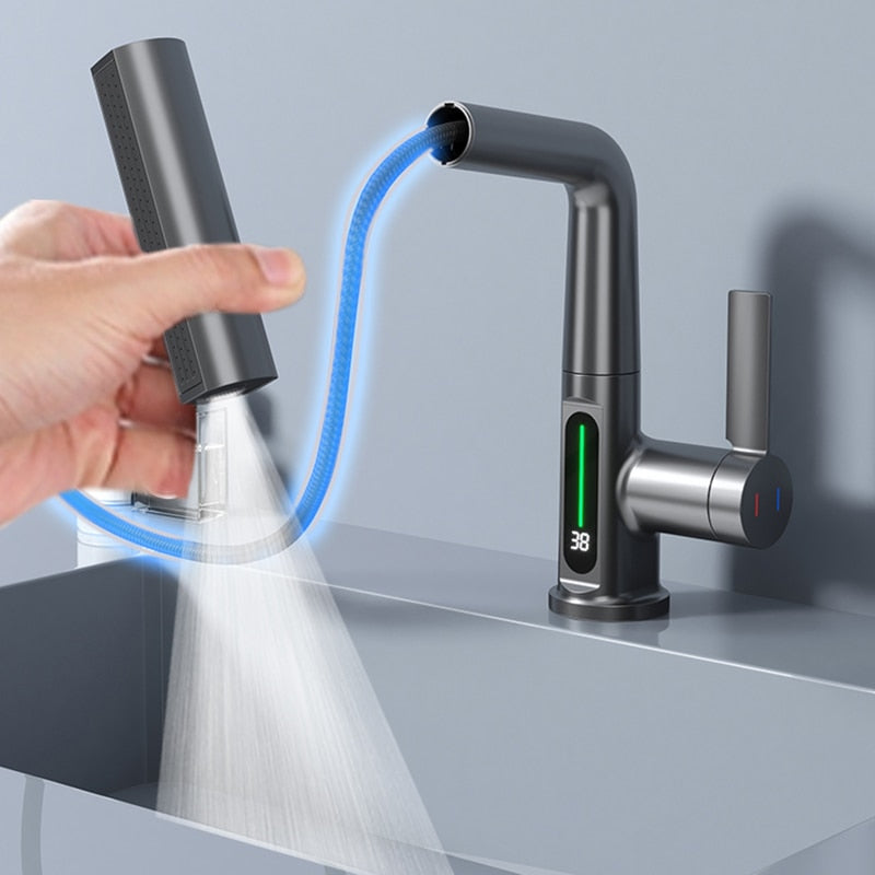 Modern slimmad vattenfallsblandare med temperaturdisplay