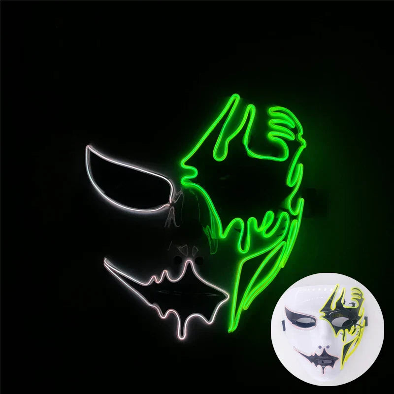 Neon LED Ansiktsmask, handmålad, full täckning med blinkande lägen, PVC + EL