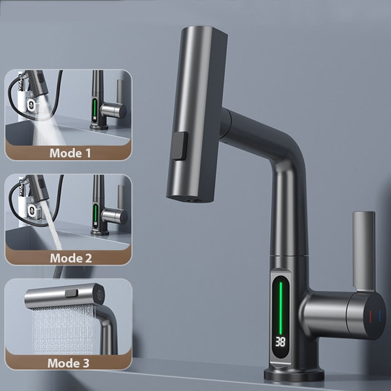 Modern slimmad vattenfallsblandare med temperaturdisplay
