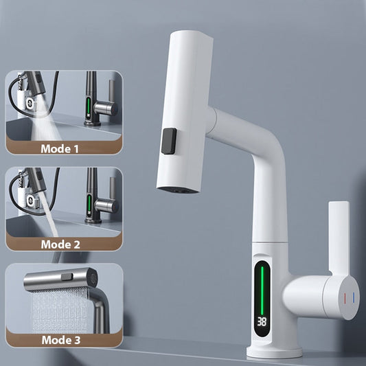 Modern slimmad vattenfallsblandare med temperaturdisplay