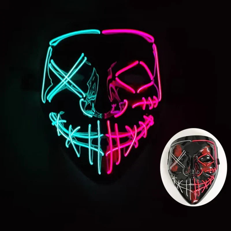 Neon LED Ansiktsmask, handmålad, full täckning med blinkande lägen, PVC + EL