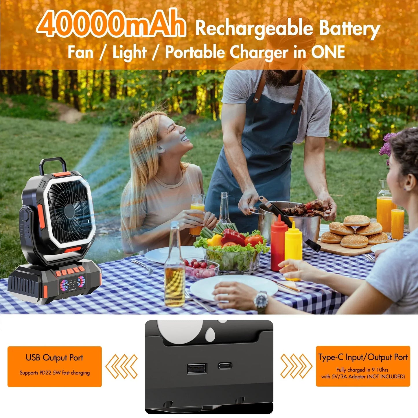Genopladelig campingvifte med 40000mAh batteri og LED-lampe – F22