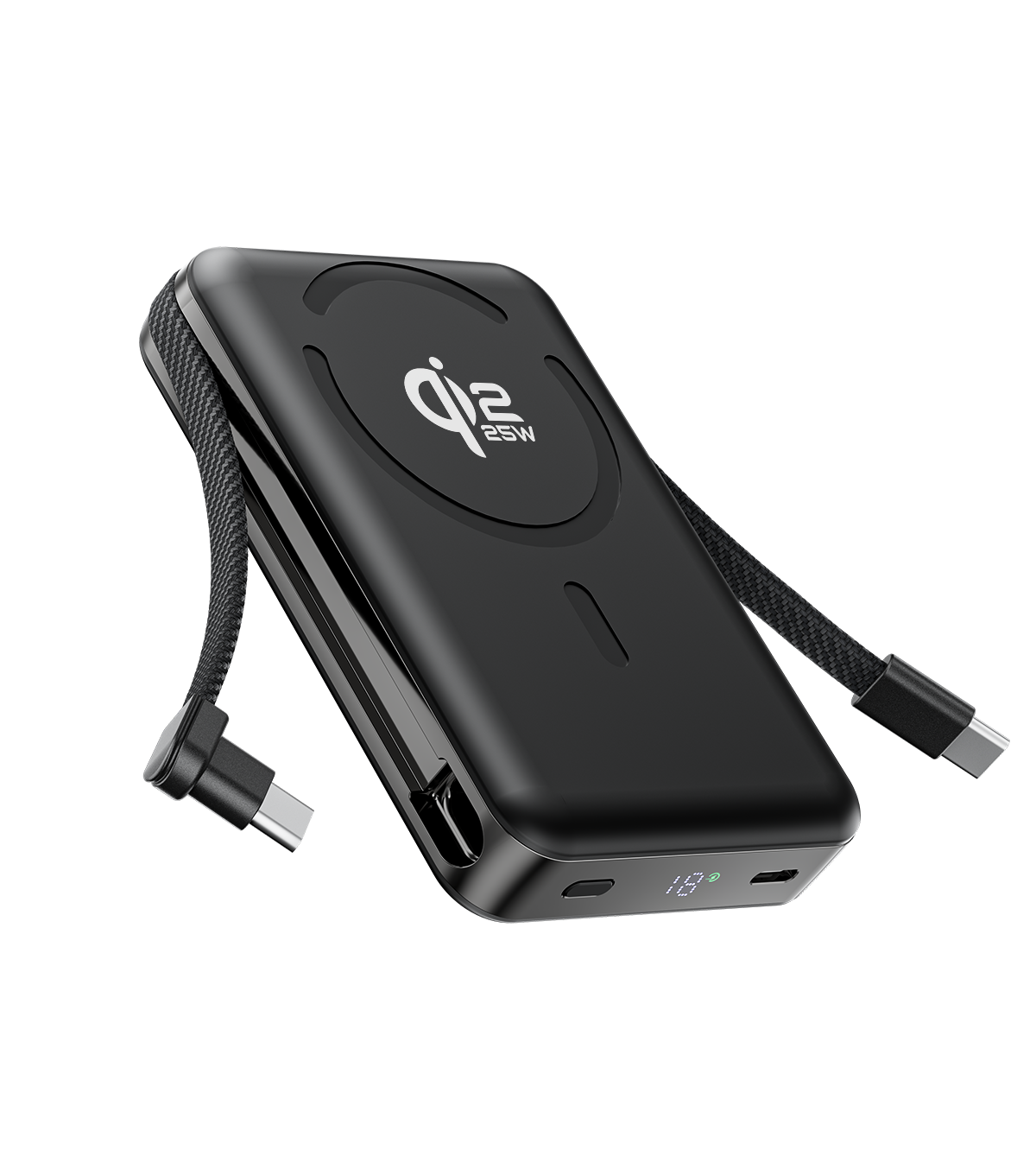 10.000 mAh Powerbank med magnetisk hurtigopladning 25 W og indbygget kabel