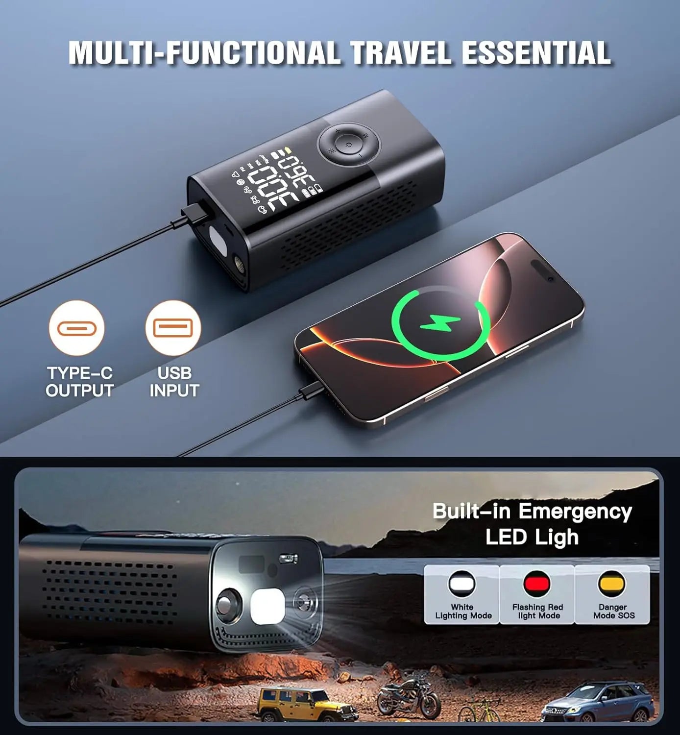 Trådløs dækpumpe 150PSI, 4000mAh, LCD, USB-C