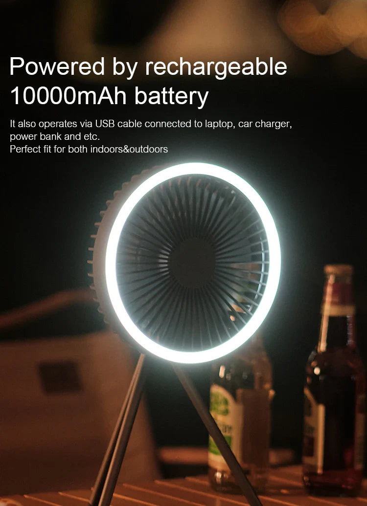 Genopladelig Campingventilator med LED & Powerbank