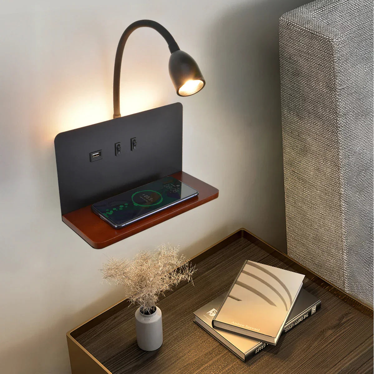 LED Væglampe med USB & Trådløs Opladning – Fleksibel Belysning
