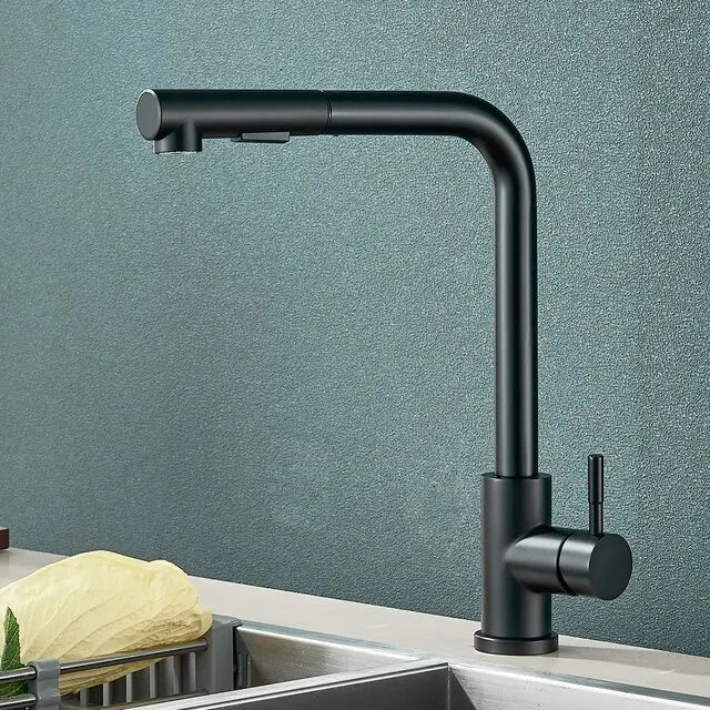 Elegant svart köksblandare med flexibel utdragbar slang och 2 strållägen