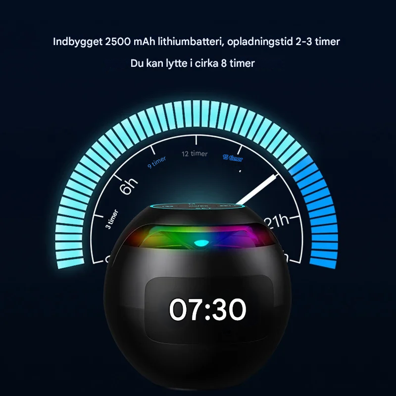 Bluetooth-vækkeur med LED-natlampe | 5W Højttaler | Bevægelsesfølsom skærm | 2200mAh batteri