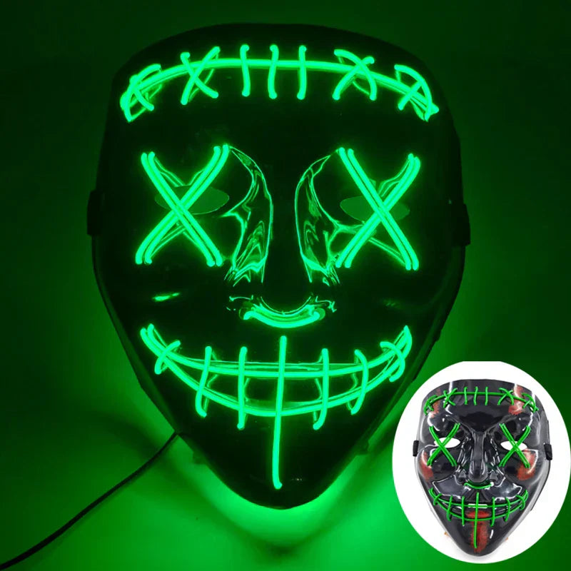 Neon LED Ansiktsmask, handmålad, full täckning med blinkande lägen, PVC + EL
