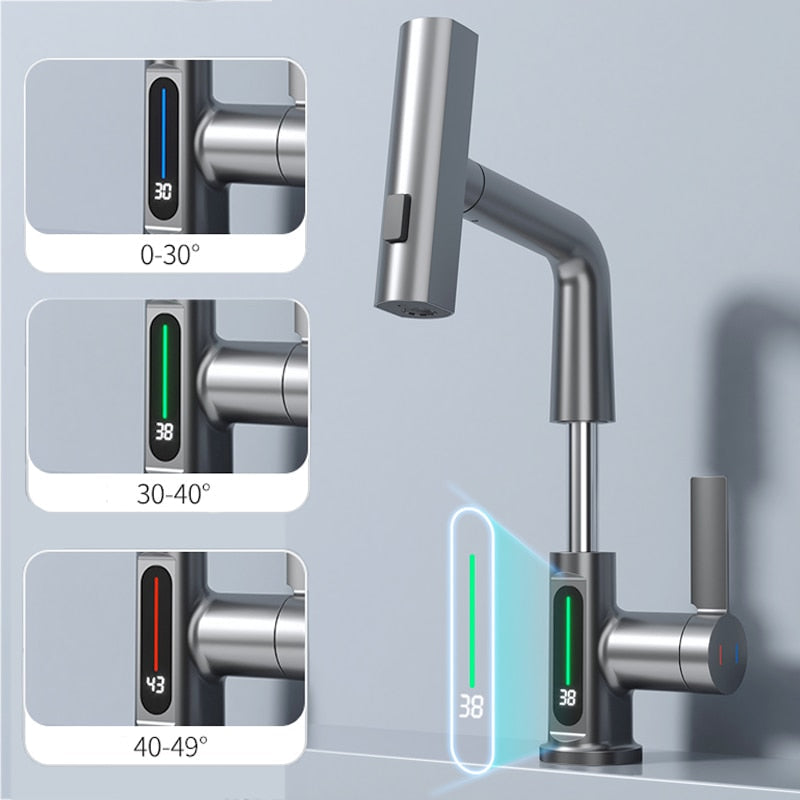 Modern slimmad vattenfallsblandare med temperaturdisplay