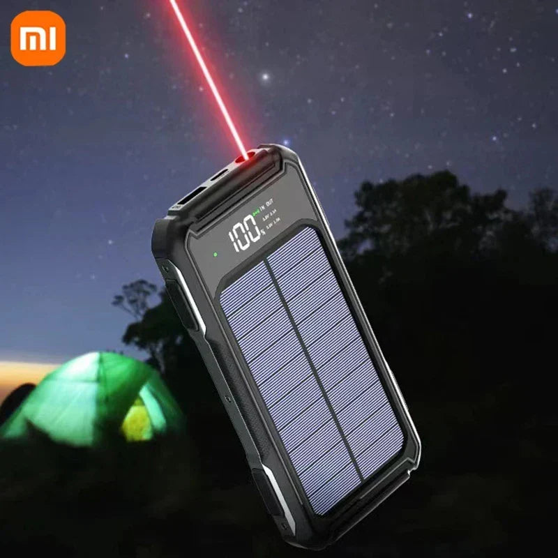 Solcelledrevet Powerbank | Genopladelig udendørs powerbank med solpanel, indbyggede ladekabler og LED-display