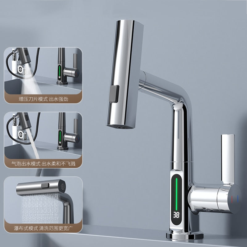 Modern slimmad vattenfallsblandare med temperaturdisplay