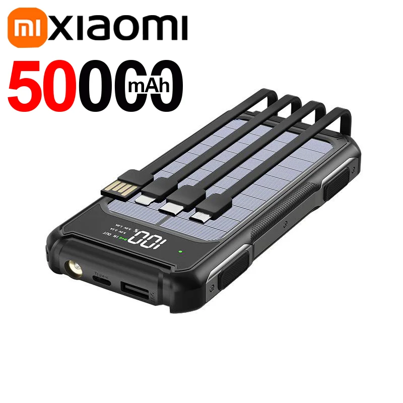 Soldriven Powerbank med 20 000mAh Kapacitet | 4-i-1 Kabel | Nödbelysning