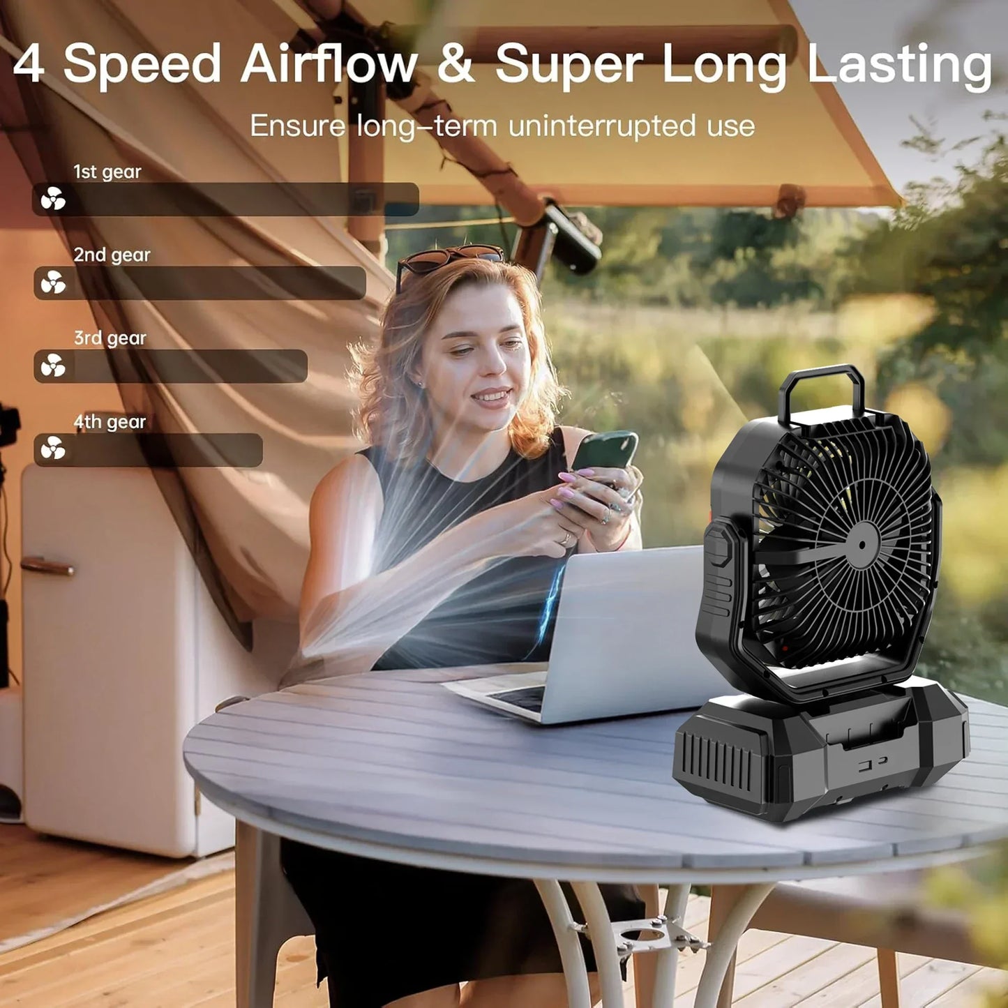 Genopladelig campingvifte med 40000mAh batteri og LED-lampe – F22